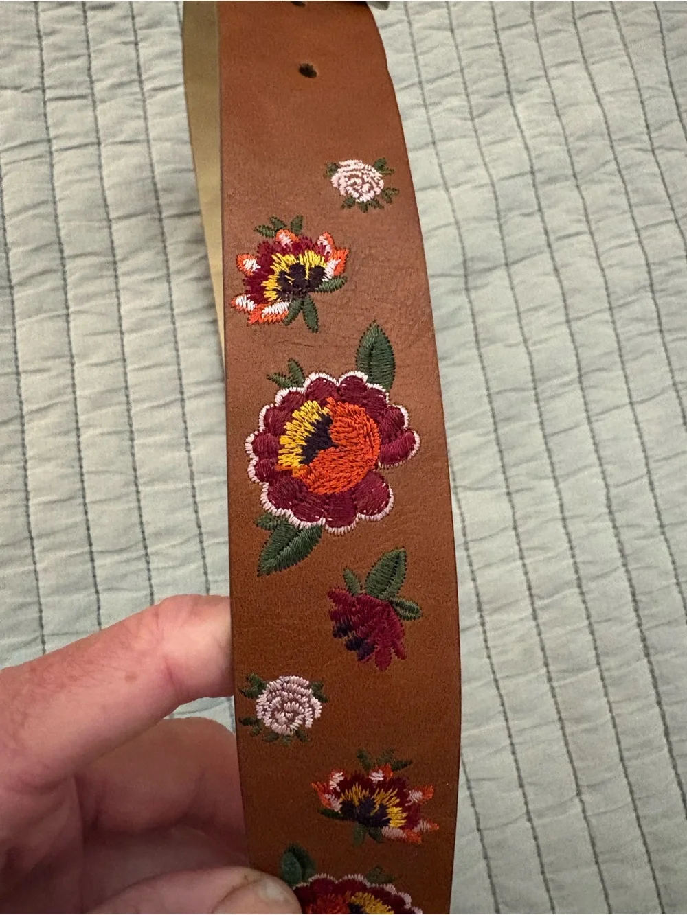 Embroidered Brown Leather Men's Belt with Floral Detail